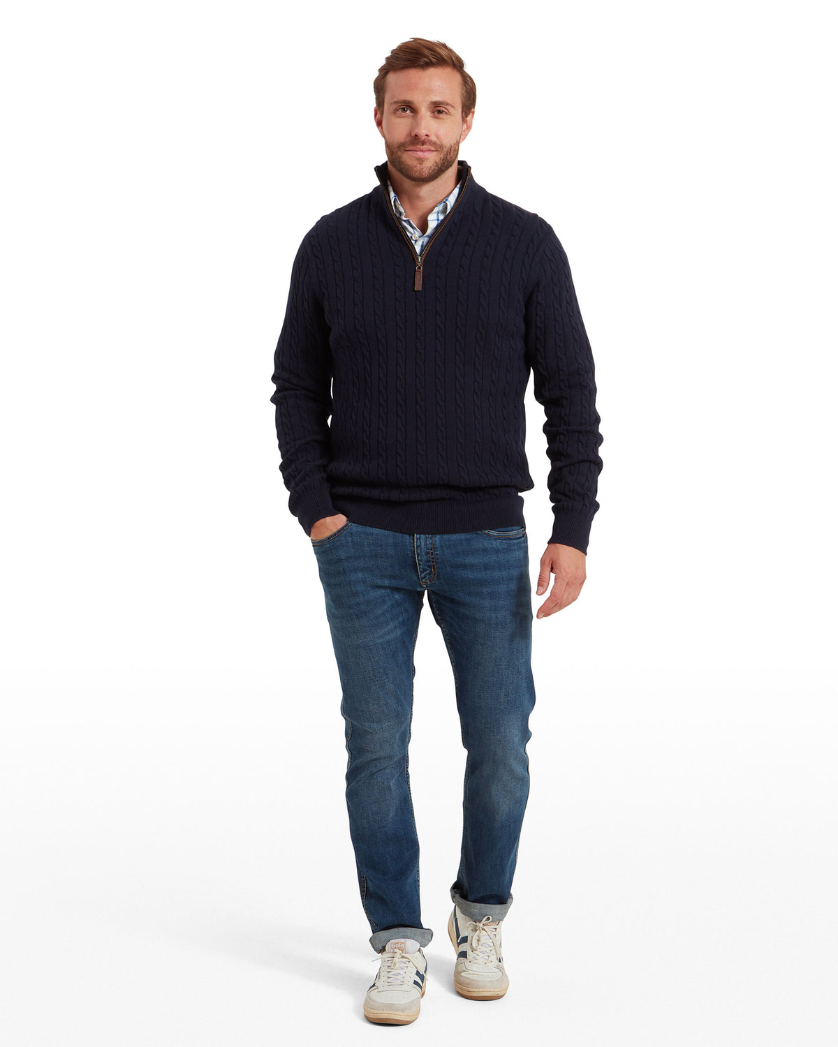Calton Cotton Cashmere Cable 1/4 Zip Jumper - Navy