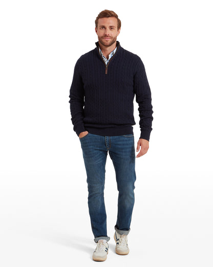 Calton Cotton Cashmere Cable 1/4 Zip Jumper - Navy