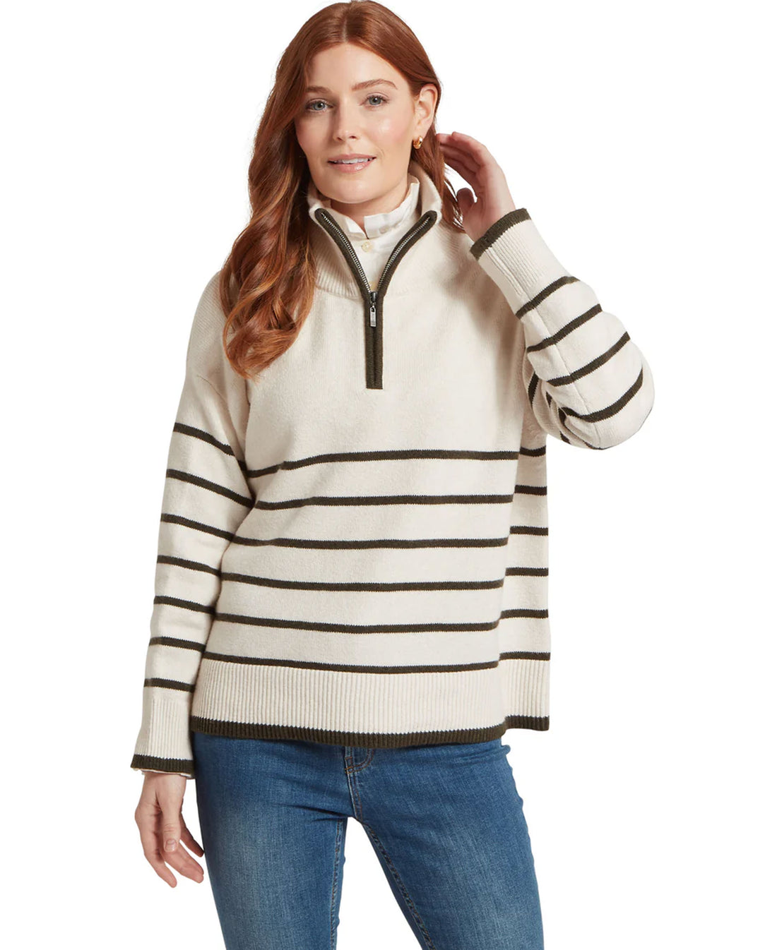 Sandsend 1/4 Zip Jumper - Soft White/Loden