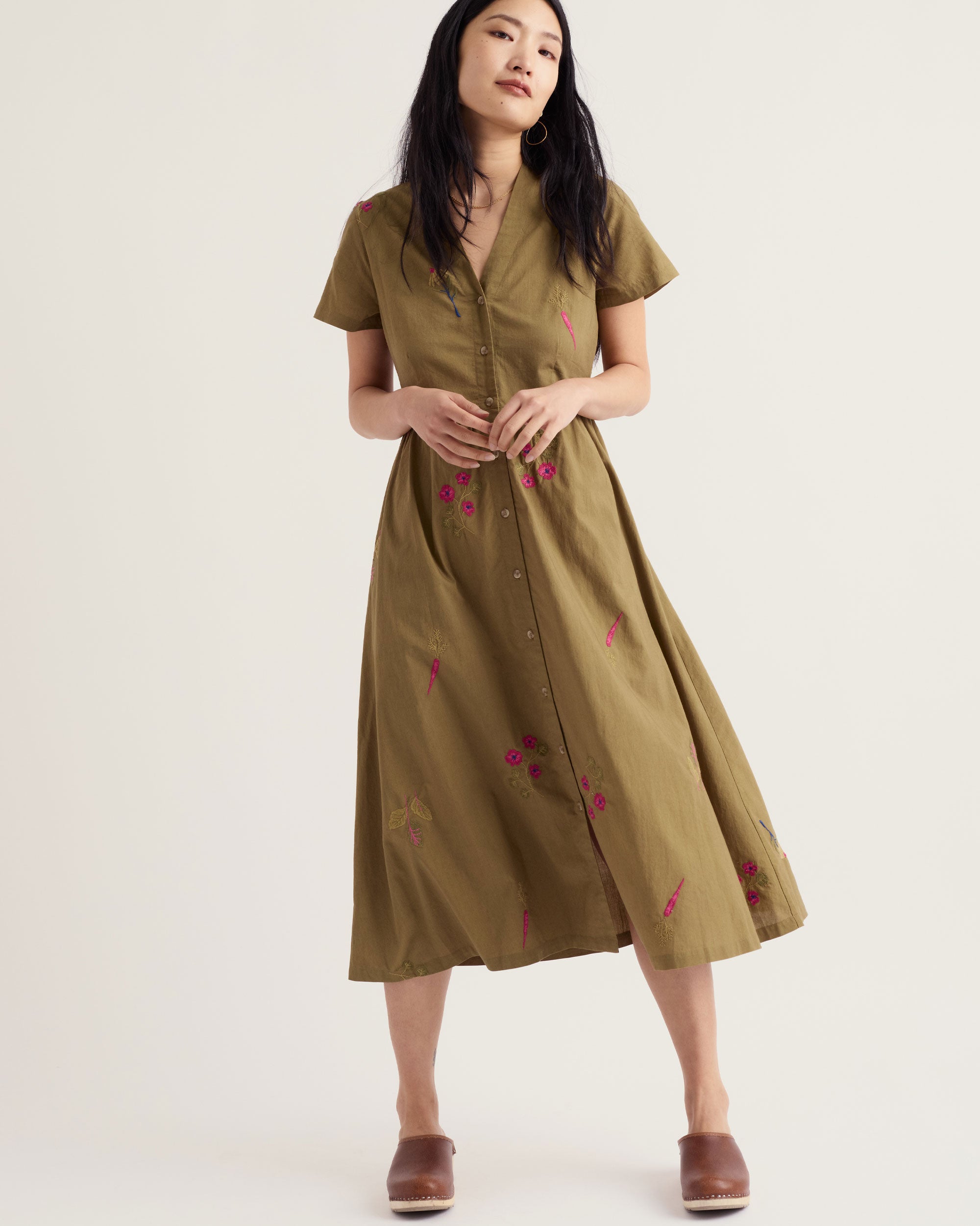 Fowen Shirt Dress - Flora Embroidery Fern Moss