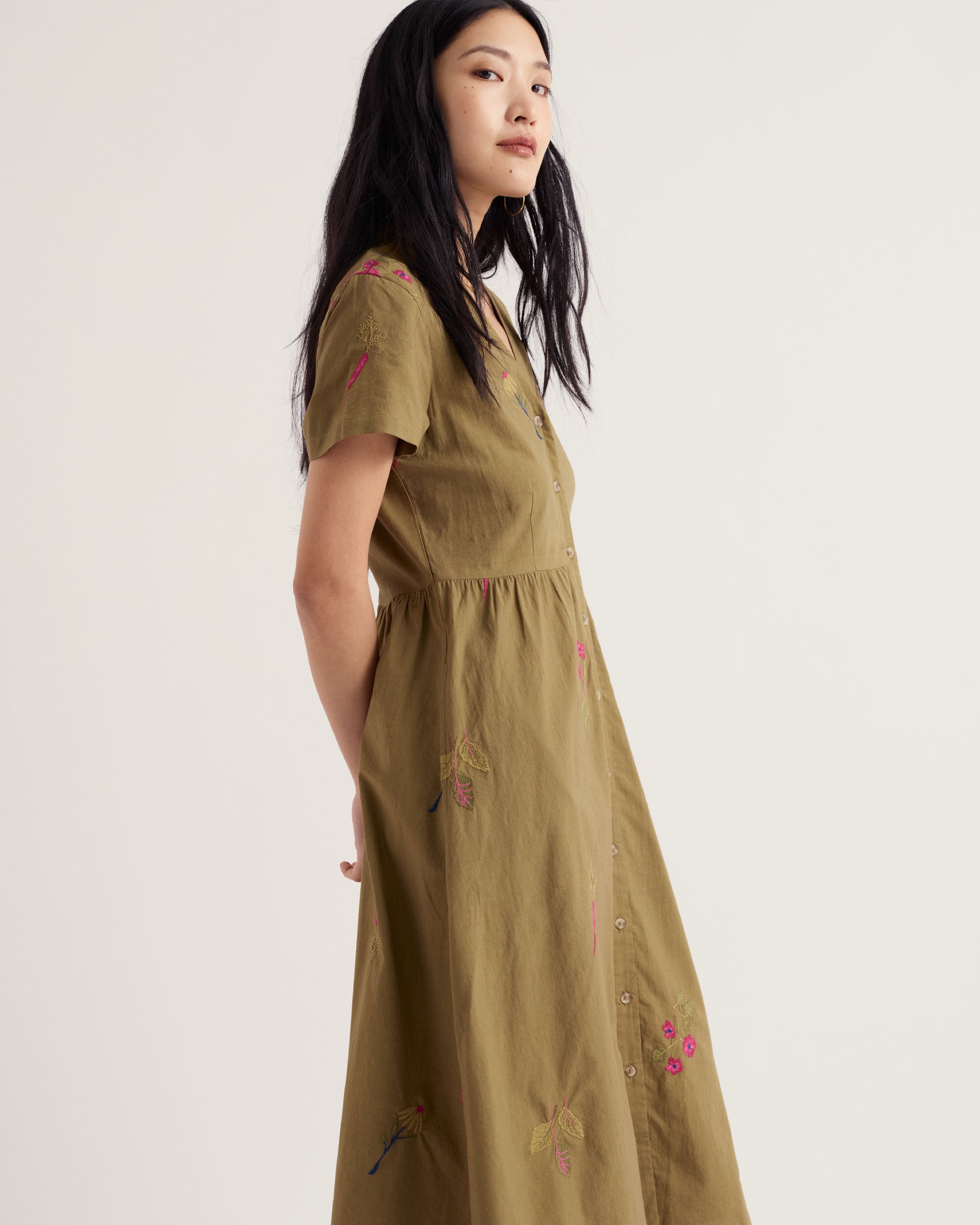 Fowen Shirt Dress - Flora Embroidery Fern Moss