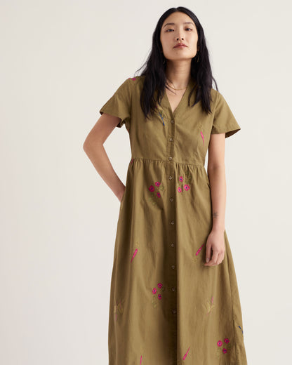 Fowen Shirt Dress - Flora Embroidery Fern Moss
