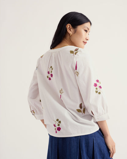 Grace Embroidered Top - Flora Embroidery Chalk