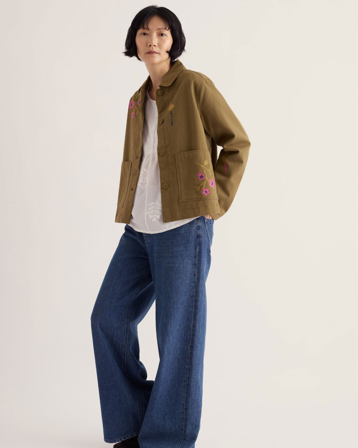 Porth Embroidered Jacket - Flora Embroidery Fern Moss
