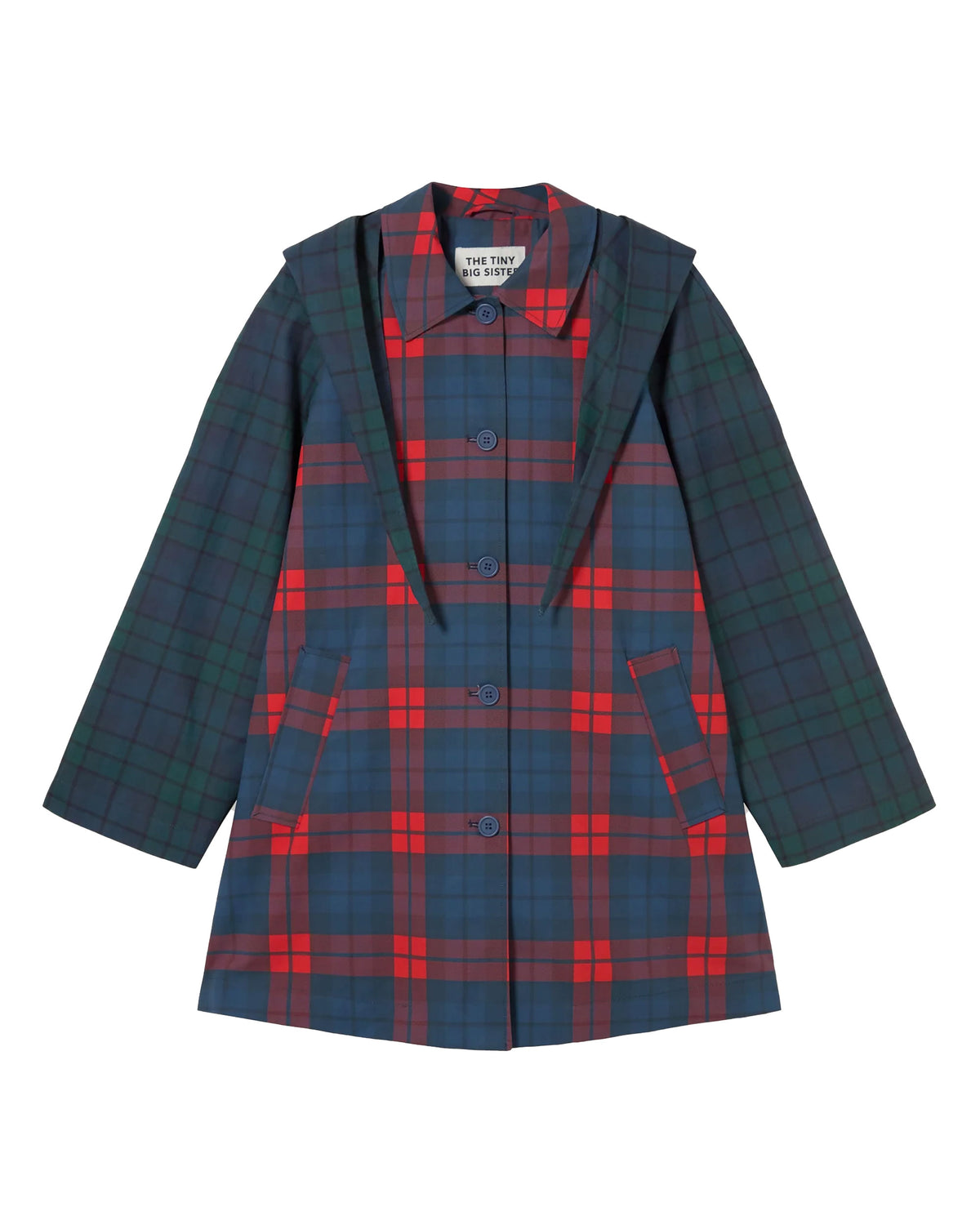 Check Hood Trench Coat - Light Navy/Dark Red