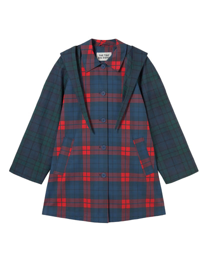 Check Hood Trench Coat - Light Navy/Dark Red