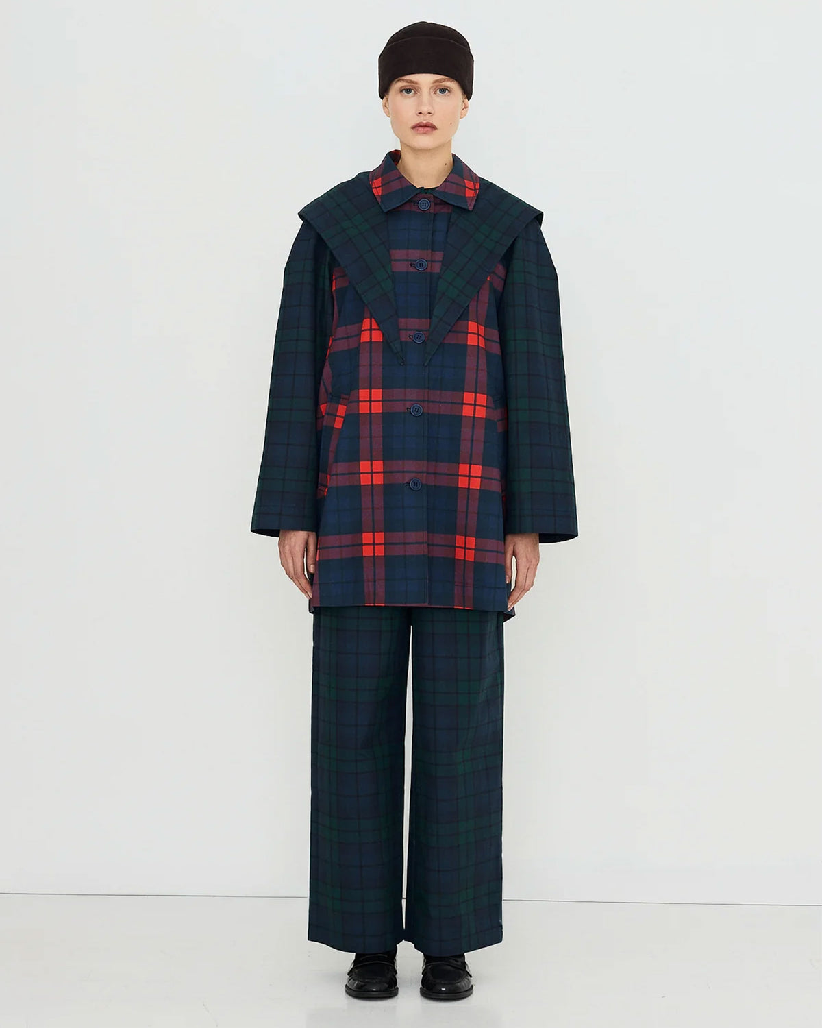 Check Hood Trench Coat - Light Navy/Dark Red
