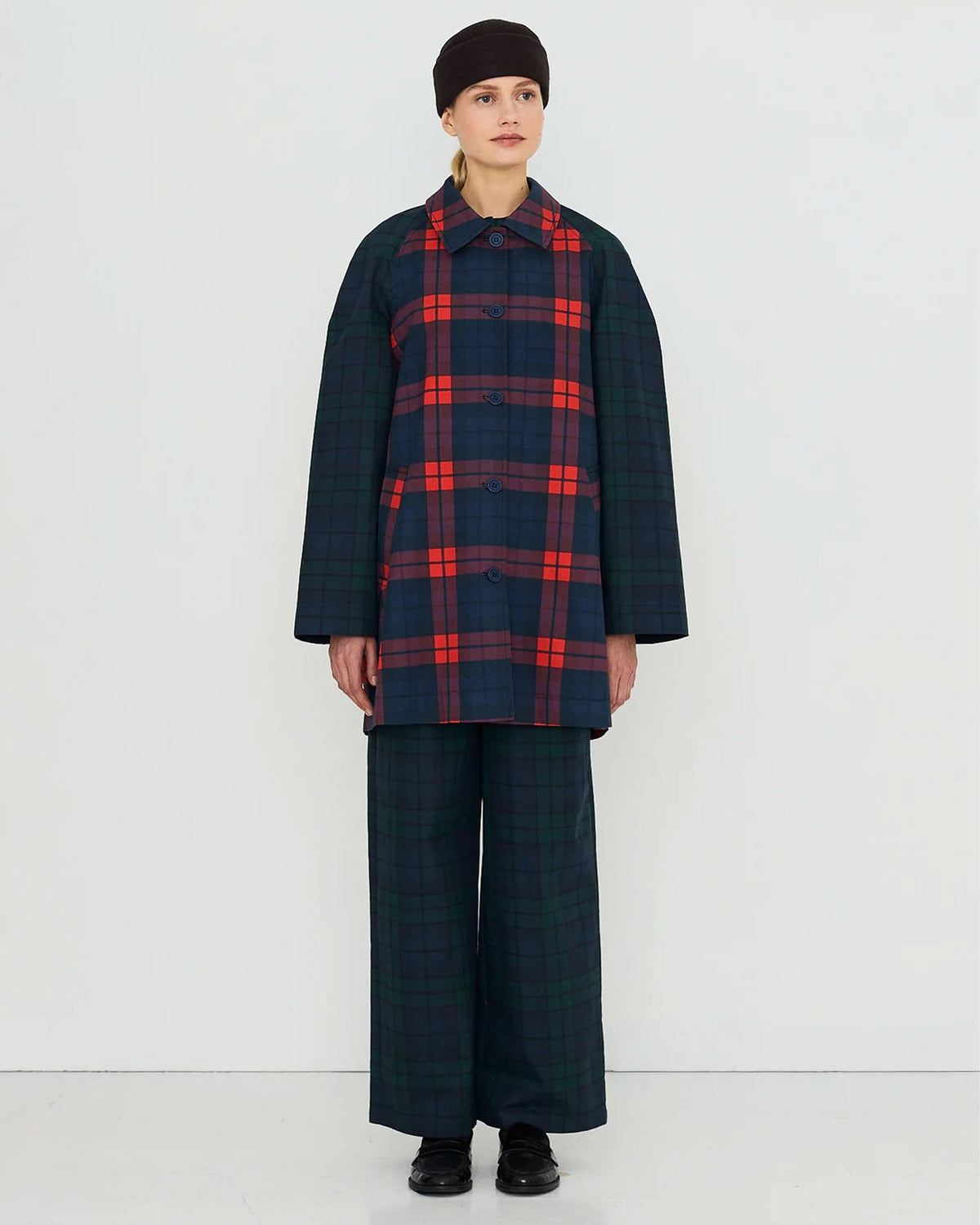 Check Hood Trench Coat - Light Navy/Dark Red
