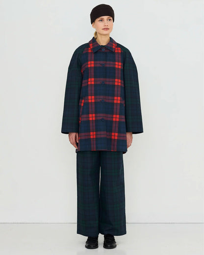 Check Hood Trench Coat - Light Navy/Dark Red