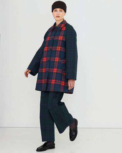 Check Hood Trench Coat - Light Navy/Dark Red