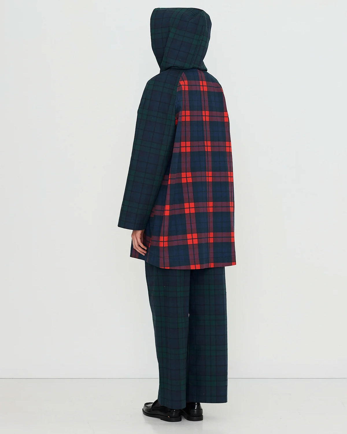 Check Hood Trench Coat - Light Navy/Dark Red