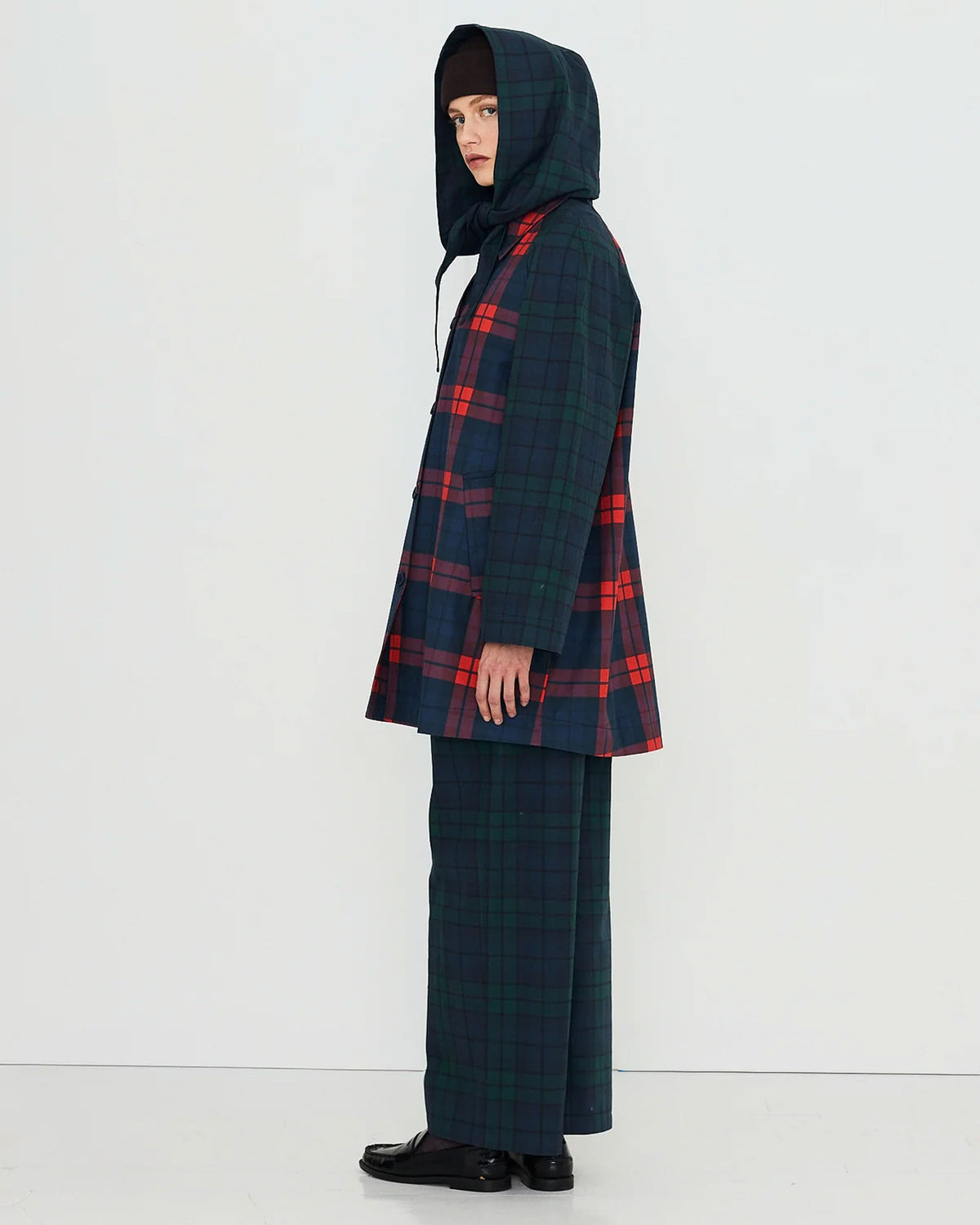 Check Hood Trench Coat - Light Navy/Dark Red