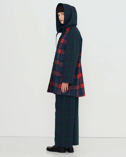 Check Hood Trench Coat - Light Navy/Dark Red