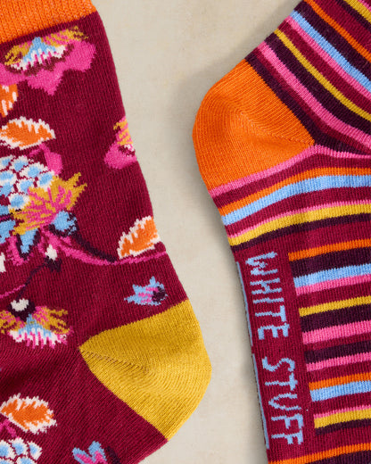 2pk Stripe Floral Ankle Socks - Plum Multi