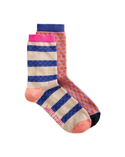 2pk Stripe Heart Ankle Sock - Grey Multi