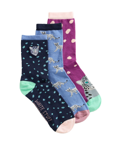 3 Pack Cheetah Ankle Socks - Blue Multi
