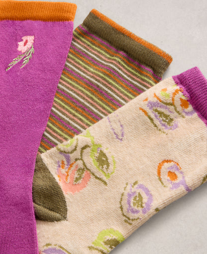 3 Pack Floral Ankle Socks - Purple Multi