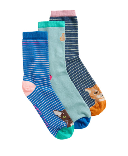 3 Pack Cat Pals Ankle Socks - Blue Multi