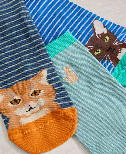 3 Pack Cat Pals Ankle Socks - Blue Multi