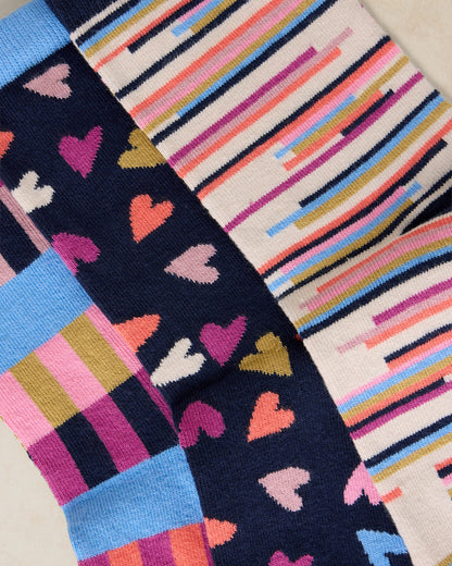 3pk Geo Heart Print Socks - Navy Multi