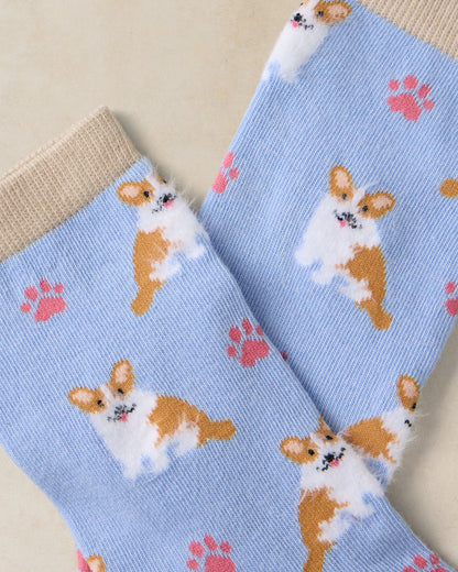 Fluffy Corgi Ankle Sock - Blue Multi