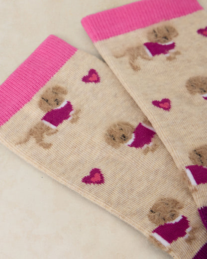 Fluffy Sausage Dog Ankle Sock - Natural Multi