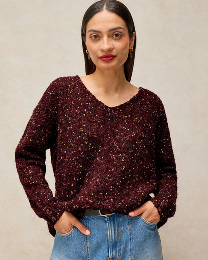 Texture V Neck Jumper - Dark Plum