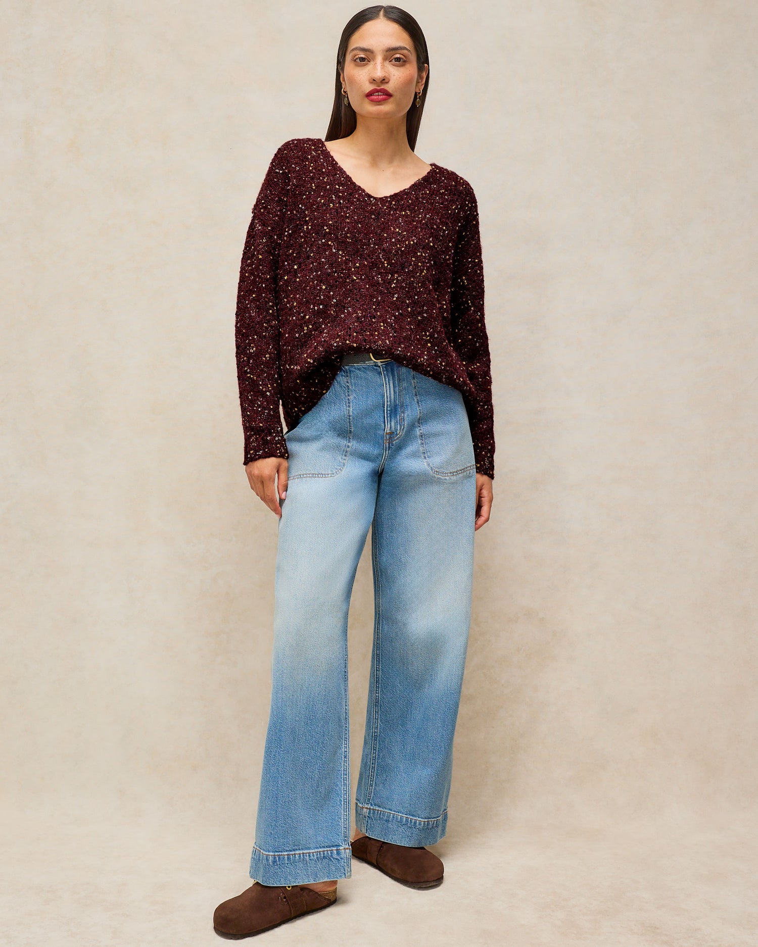 Texture V Neck Jumper - Dark Plum