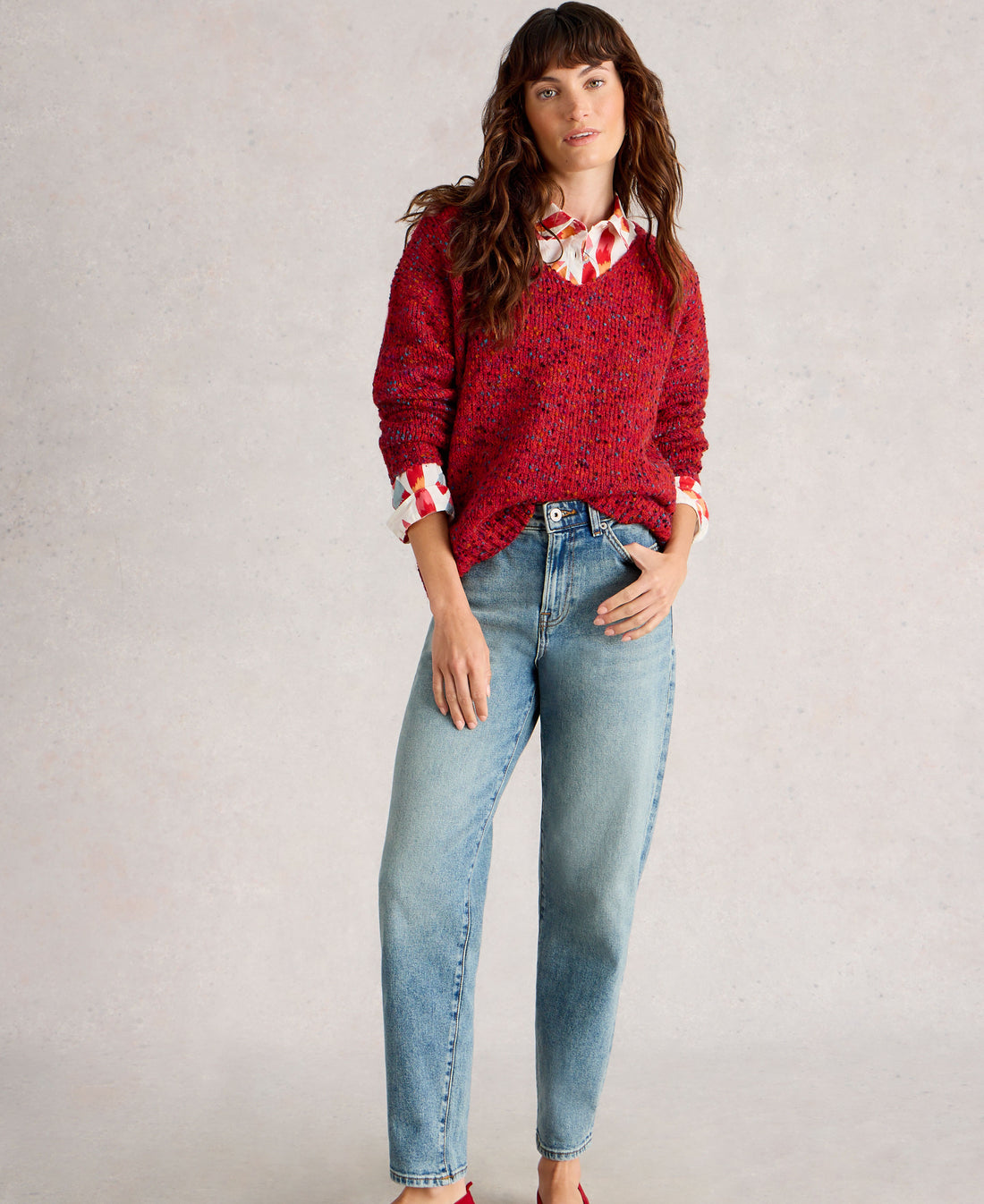 Texture V Neck Jumper - Mid Red