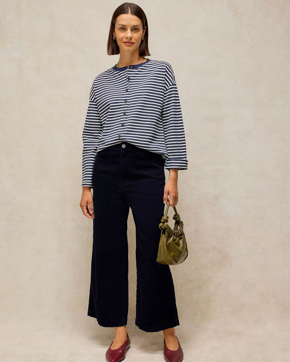 Tia Cord Wide Leg Crop Trousers - Dark Navy