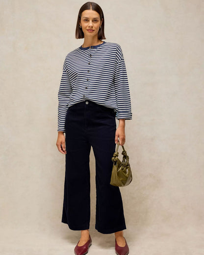 Tia Cord Wide Leg Crop Trousers - Dark Navy