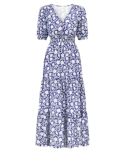 Billie Short Sleeve Organic Cotton Dress - Blue/White Hibiscus