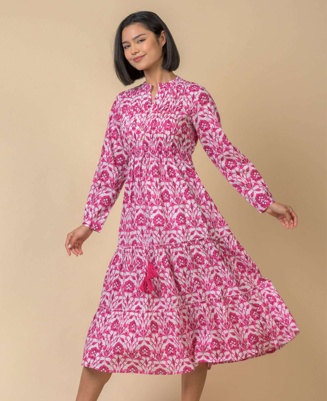 Corfu Long Sleeve Cotton Dress - Tasmin Pink
