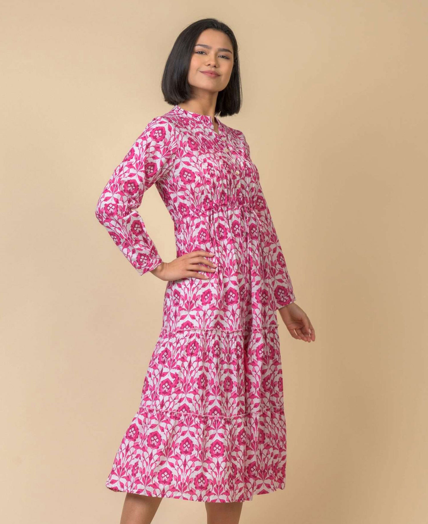Corfu Long Sleeve Cotton Dress - Tasmin Pink