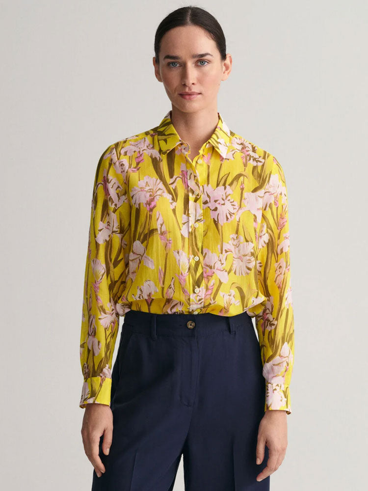 Regular Fit Iris Print Cotton Silk Shirt - Canary Yellow