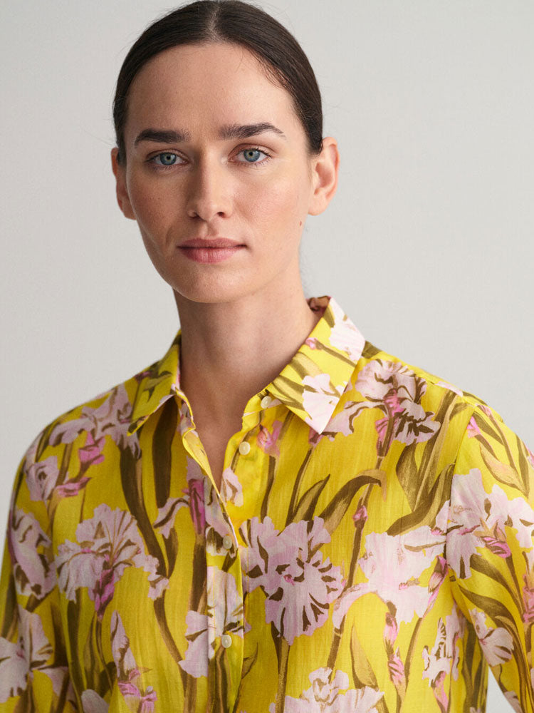 Regular Fit Iris Print Cotton Silk Shirt - Canary Yellow