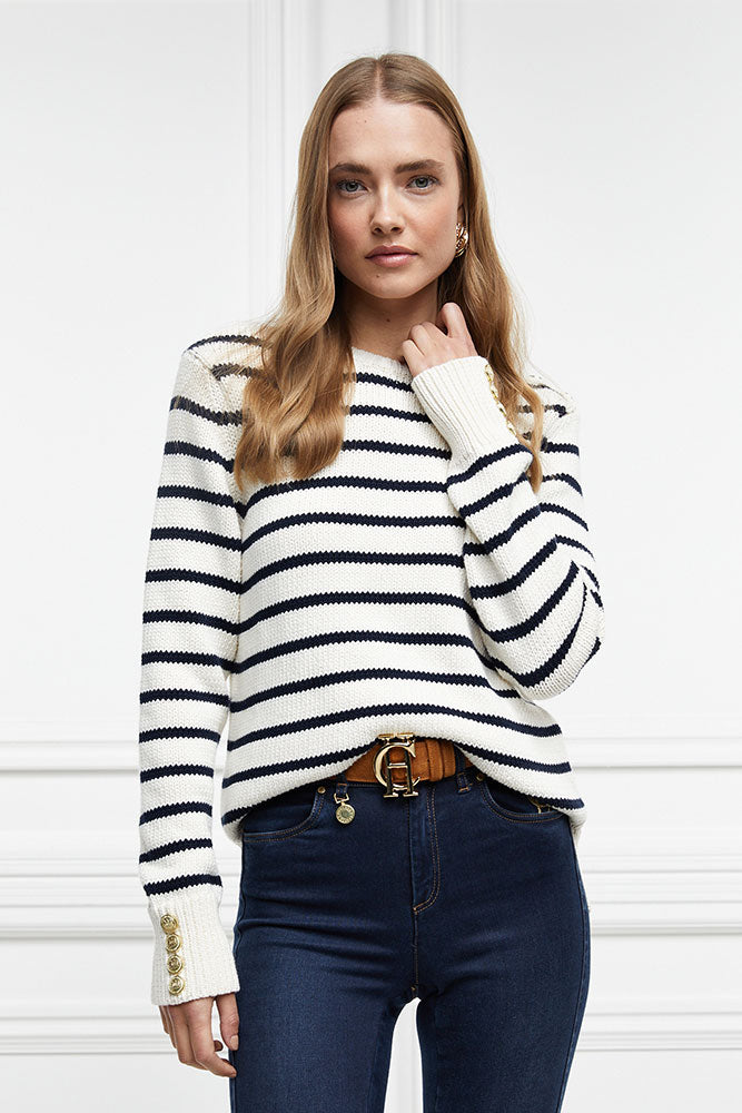 Henley Striped Crew - Natural/Ink Navy