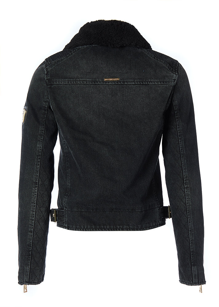 Denim Biker Jacket - Washed Black Sherpa