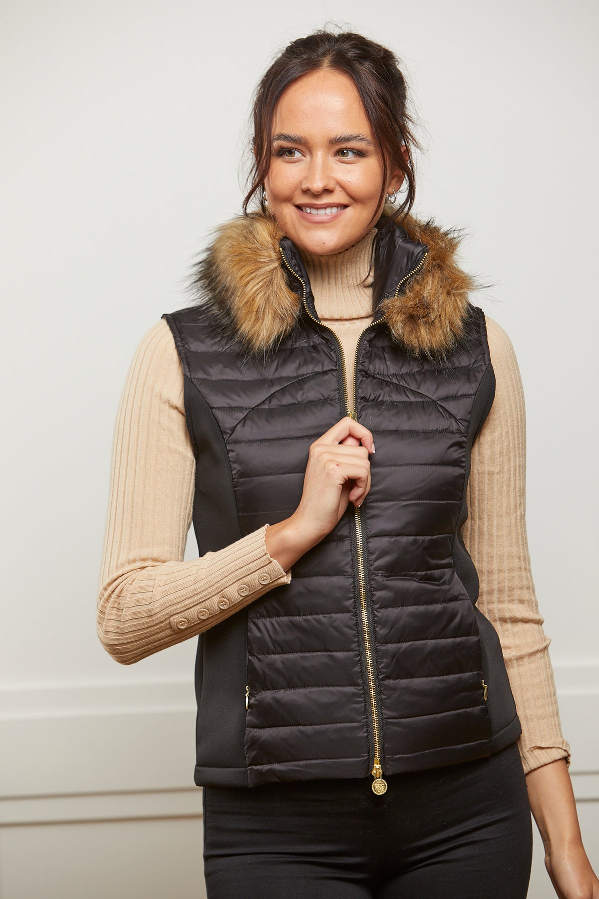 Puffer Down Gilet with Luxe Faux Fur Collar - Black