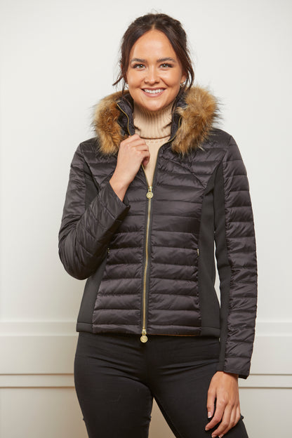 Down Puffer Jacket with Luxe Faux Fur Collar - Black