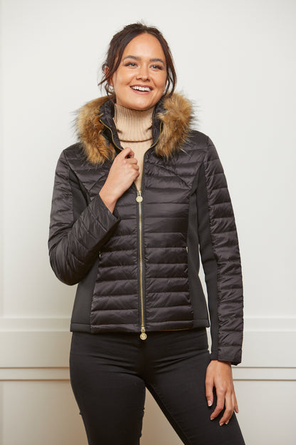 Down Puffer Jacket with Luxe Faux Fur Collar - Black