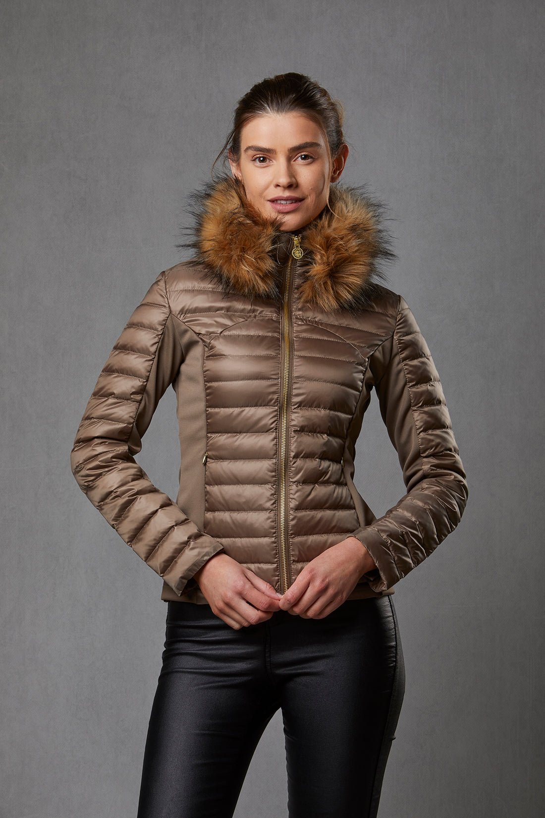 Down Puffer Jacket with Luxe Faux Fur Collar - Bronze
