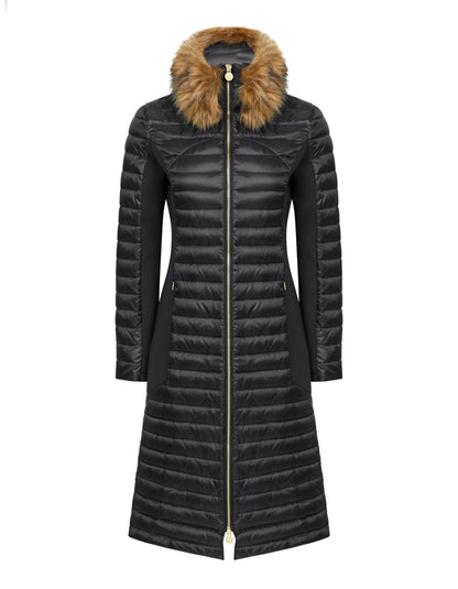 Down-Filled Long Puffer Jacket with Luxe Faux Fur Collar - Black