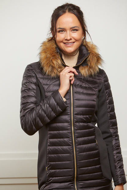 Down-Filled Long Puffer Jacket with Luxe Faux Fur Collar - Black