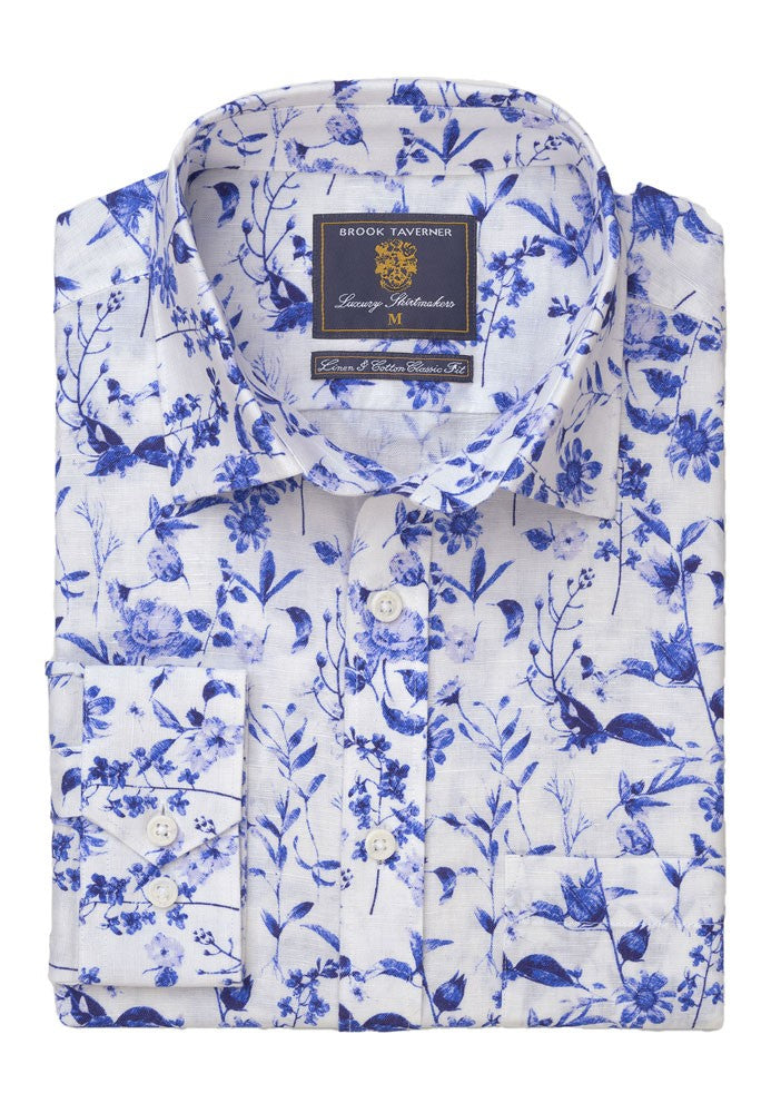 Printed Linen Cotton Shirt - Blue Floral