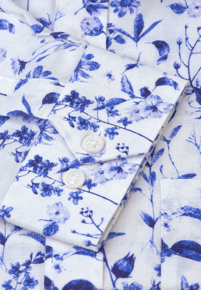 Printed Linen Cotton Shirt - Blue Floral