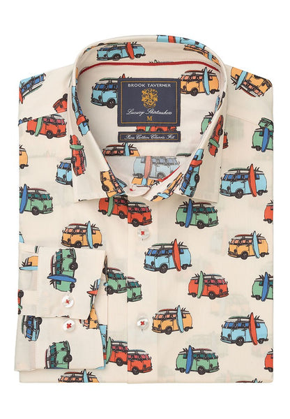 Van and Surfboard Print Shirt - Cream