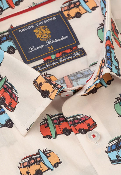 Van and Surfboard Print Shirt - Cream