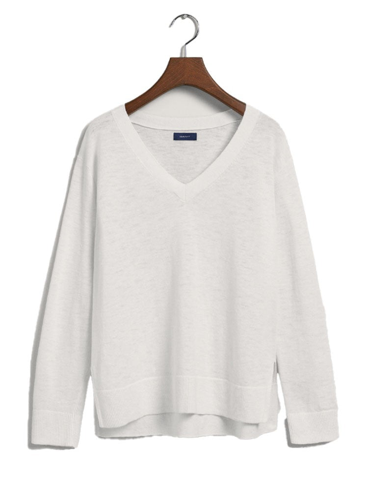 Linen Blend V-Neck Sweater - White