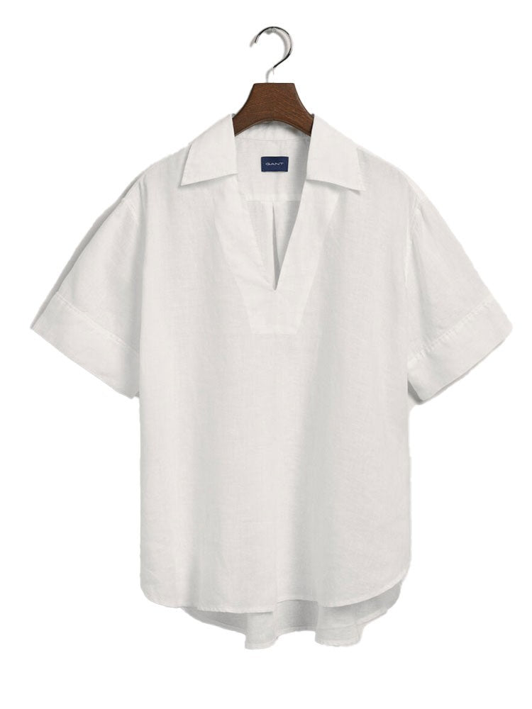 Relaxed Fit Popover Linen Short Sleeve Shirt - White
